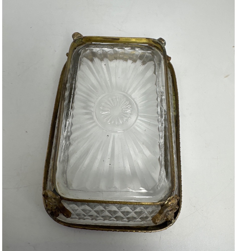 Vintage Crystal Glass Trinket Dish Brass Filigree Frame Gold Rectangular Good 5" - Picture 6 of 11